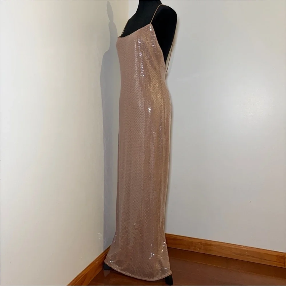 Reformation x Camille Rowe Bevelyn Dress Scoop Neck Midi Sequin Slip Size 6 Nude - Picture 8 of 14